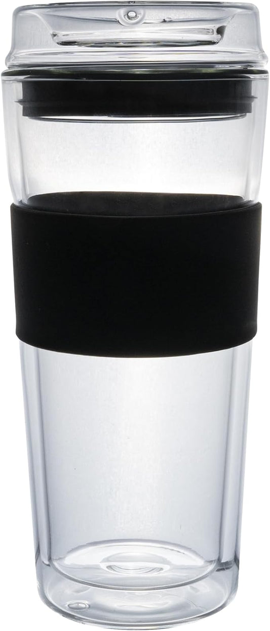 Double Wall Glass Tumbler 14 ounce All Glass Reusable Insulated Tea/Coffee Mug & Lid, Hand Blown Glass Travel Mug No Leaks, Silicone Grip for Easy Carry, Natural Taste