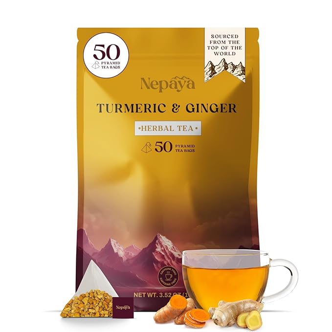 Turmeric Ginger Herbal Tea 50 Count Pyramid Tea Bags From the Himalayas, Caffeine Free, Gluten Free, warm and spicy Taste, biodegradable Tea Bags
