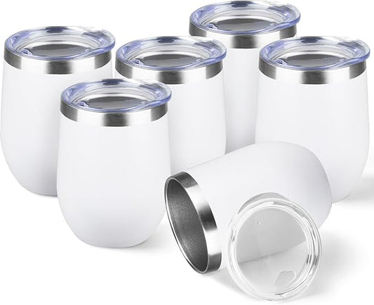 StarSpeed 12oz/6 Pack Wine Tumbler with lid, Stainless Steel Travel Mugs Stemless Double Wall Insulated Coffee Cup, Insulated Wine Glasses Travel Tumbler for Cold & Hot Drinks(White, 6)