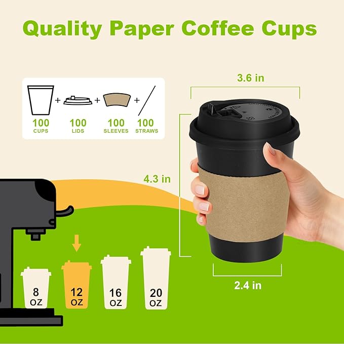12 oz PLA Black Eco Friendly Cups 100 Packs Sustainable Plant Based Leak Resistant for Cafes Offices Events