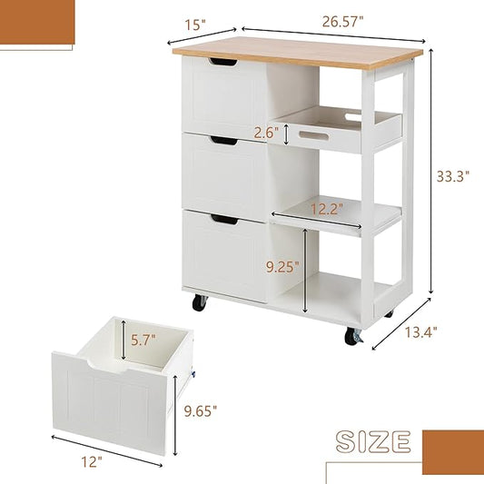 SUNLEI Kitchen Island with Storage Cart Rolling Moveable Microwave Microwave cart with 3 Drawers on Wheels Portable Mobile Narrow Kitchen Island, White