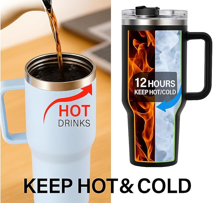 The FaarSky 40 oz Insulated Travel tumbler with lid and straw, 12 Hours Hot & Cold, Vacuum Insulated Stainless Steel, Leak-Proof Lid, (Light Blue)