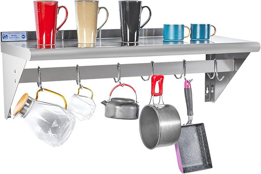 Hally Stainless Steel Shelf with 6 Hooks 14" x 36" Wall Mounted Pot Rack 300lb, NSF Commercial Floating Shelving for Storage Hanging Pots, Pans, cookware in Restaurant, Kitchen, Home and Hotel
