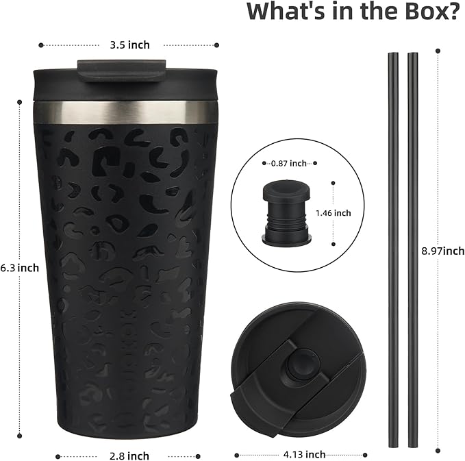 BJPKPK 18oz Insulated Tumbler With lid And Straw Stainless Steel Tumblers Travel Coffee Mug Reusable Thermal Cup,Black Leopard