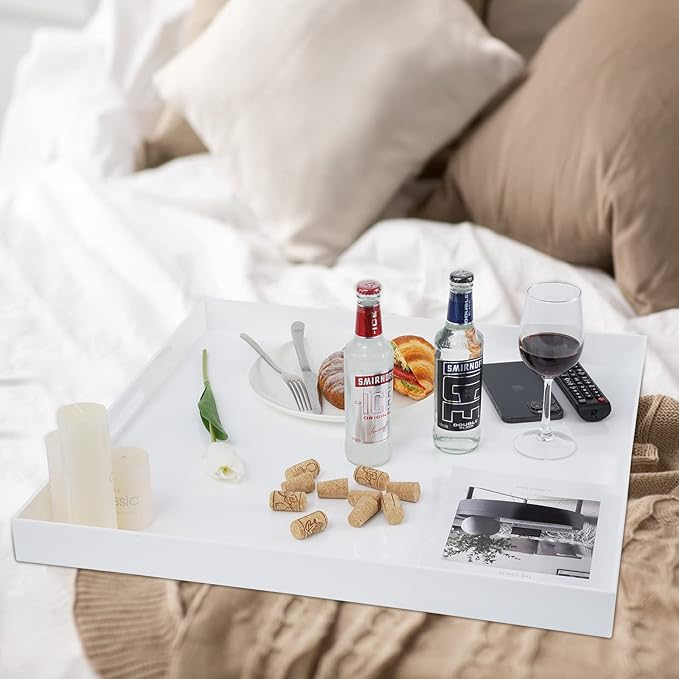 22×22 Inches Oversize Extra Large Sturdy Glossy White Acrylic Serving Tray King Size Decorative Big Ottoman Trays with Cut Out Handles Water Proof Bed Tray Coffee Counter Top Organizer