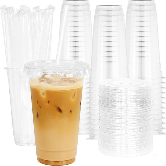 Coolcap 24 oz 100 Pack Disposable Clear Plastic Cups with Lids and Straws, Food Safe Bulk Iced Coffee Cups for Smoothies, Milkshakes and Other Cold Drinks
