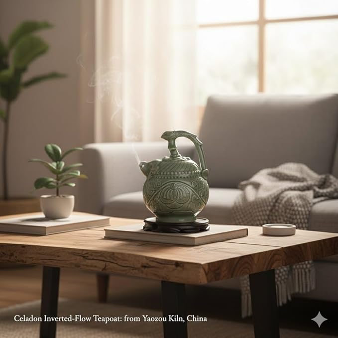 Celadon Inverted Flow Teapot - Handcrafted Chinese Traditional Ceramic Tea Pot with Intricate Carvings, Collectible Art Piece & Functional Teaware