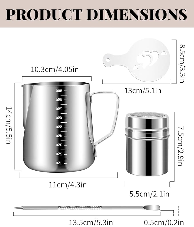 Milk Frothing Pitcher, 900ml/32oz Stainless Steel Milk Frother Cup Steaming Pitcher Espresso Machine Accessories with Decorating Art Pen, Powder Shaker, 16 PCS Coffee Decorating Stencils