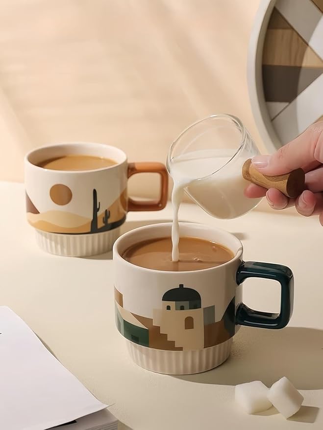 LOWYEPAULHO Ceramic Espresso Cups,Coffee Mugs with Handle, Ceramic Mug Set, Coffee Mug Set, Coffee Cups Set, CeramicCoffee Mugs, Set of 2, Night of the Desert