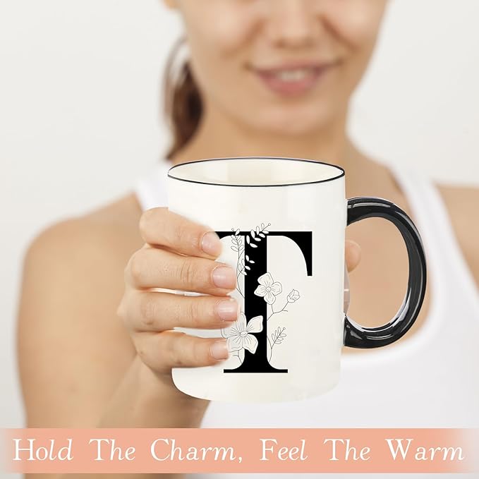 Monogram Ceramic Coffee Mugs, 11 oz Initial Drinking Cup with Gift Box, Unique Birthday Valentines Day Gifts for Women Wife Mothers Day Grandma Mom Aunt, T