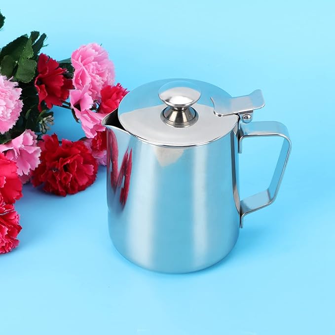 12oz Milk Frothing Pitcher, Stainless Steel Coffee Latte Art Jug Pitcher Mug Cup with Lid for Home Restaurant Cafe
