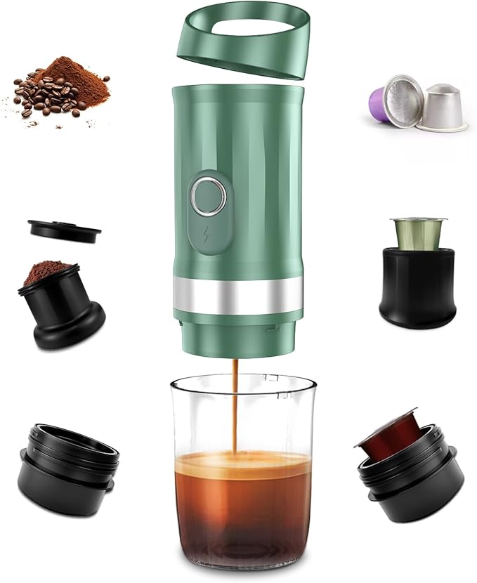 Portable Espresso Machine 3Minute Auto Heat12V Rechargeable Electri Coffee Maker 20 BaCompatible with NS DG Capsules and GroundCoffee for Camping, Travelling RVing HikingandOffice (Green)