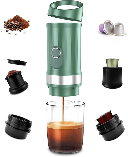 Portable Espresso Machine 3Minute Auto Heat12V Rechargeable Electri Coffee Maker 20 BaCompatible with NS DG Capsules and GroundCoffee for Camping, Travelling RVing HikingandOffice (Green)