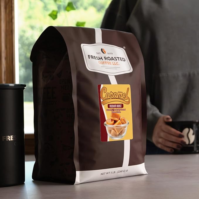 Fresh Roasted Coffee, Caramel Flavored Coffee, 5 lb (80 oz), Medium Roast, Kosher, Ground