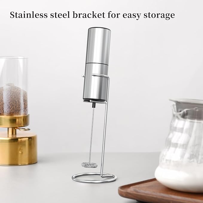 Electric Milk Frother Handheld, Stainless Steel Whisk for Coffee,Hot Chocolate,Matcha,Protein Powder,Mini Foam Maker with Stainless Steel body(Battery Operated with Stand)