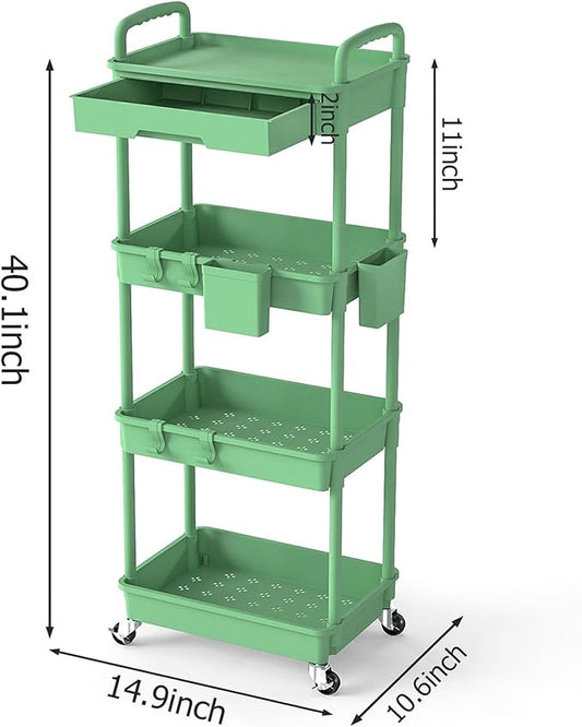 4 Tier Rolling Utility Cart with Drawer, Plastic Storage Organizer Rolling Carts with Wheels Handles Hanging Cups Hooks for Office, Bathroom, Kitchen,Craft Art Room (Green)