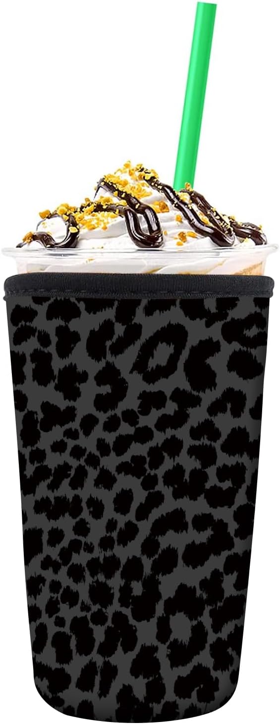 Reusable Neoprene Insulator Sleeve for Iced Coffee Cold Soda Cups, Cute Durable Drink Sleeve for Cold Beverages, Medium 22-28oz Cup Sleeve Luxuious Black Leopard