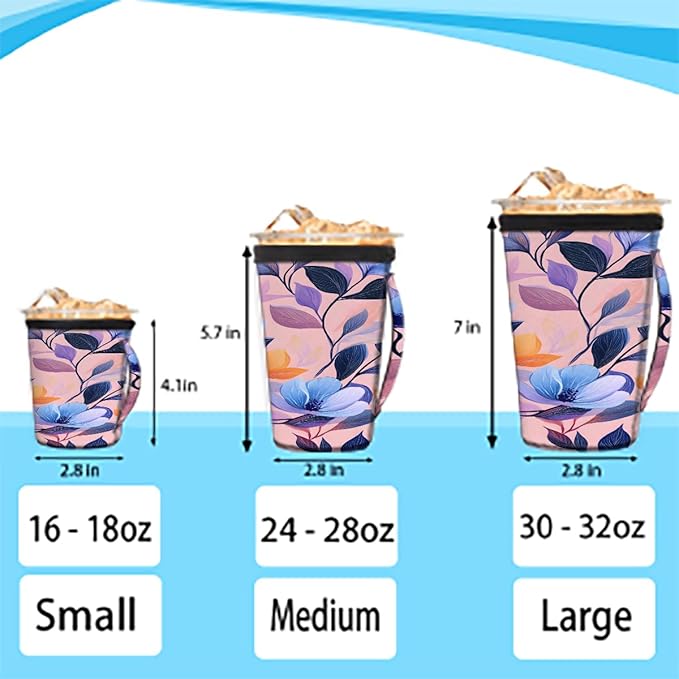 Reusable Iced Coffee Cup Sleeve Blue Flowers Leaves Neoprene Insulated Sleeves Cup Holder with handle Idea for 24oz - 28oz