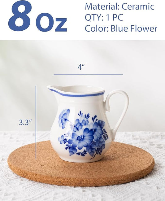 8Oz Creamer, Ceramic Milk Creamer Pitcher with Handle, Flowers