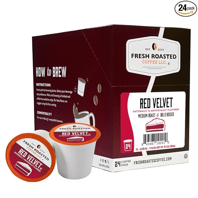 Fresh Roasted Coffee, Red Velvet, Flavored Coffee Pods, K-Cup Compatible, 24 Count
