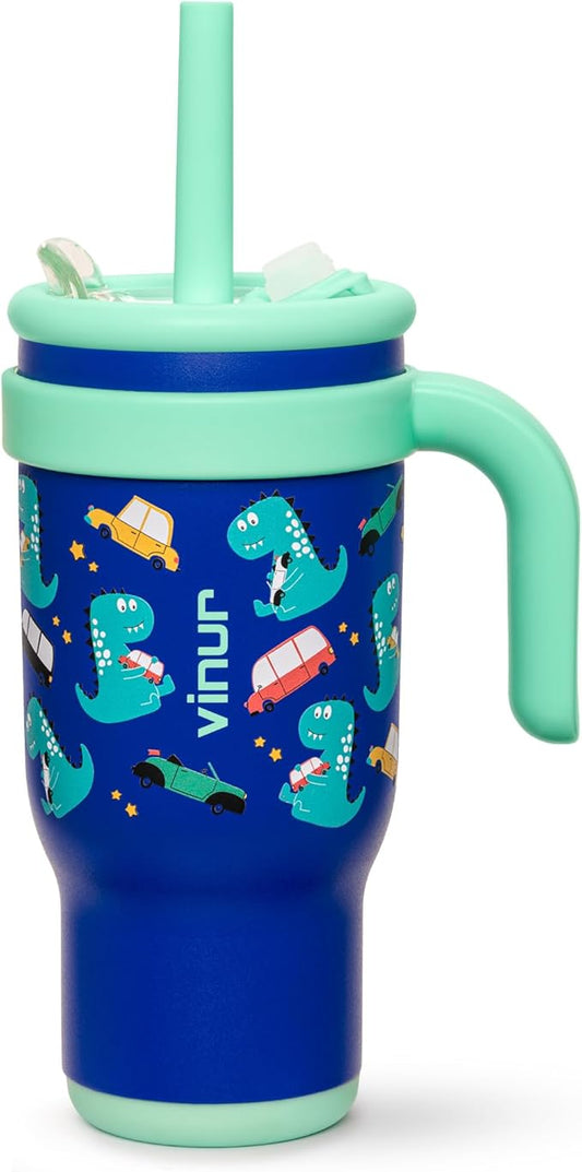 VINUR Kids Tumbler with Handle and Straw Lid |17 oz Stainless Steel Insulated Leak Proof Water Tumbler Mug for Kids Boys Girls 6+| Holder Friendly | Dinosaur