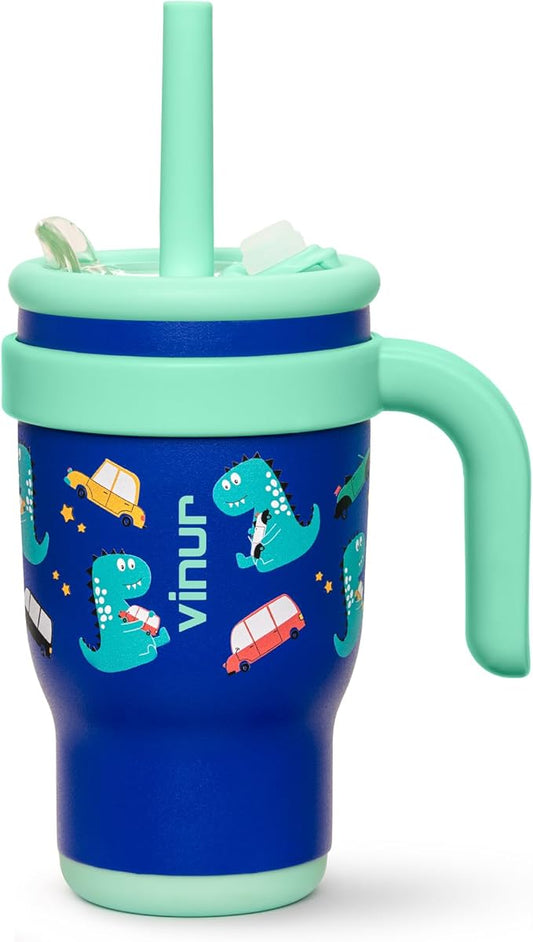 VINUR Kids Tumbler with Handle 14 oz Stainless Steel Double Wall Vacuum Insulated Tumbler with Lid and Straw, Leak Proof Water Cup for Travel (Dinosaur)