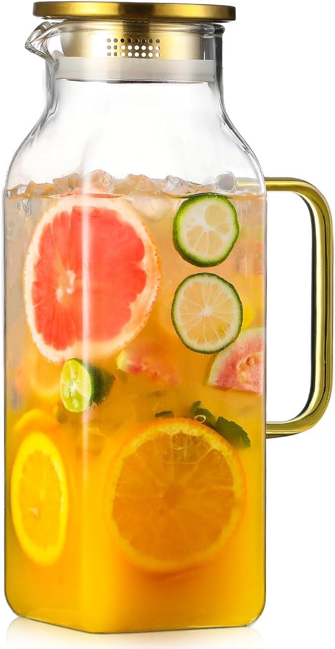 2 Quart (2 Liter 68 oz) Square Glass Pitcher with Lid and Spout, Water Pitchers with Handle for Fridge, Borosilicate Glass Carafe for Hot/Cold Drink, Large Jug for Iced Tea, Coffee, Beverage, Cold