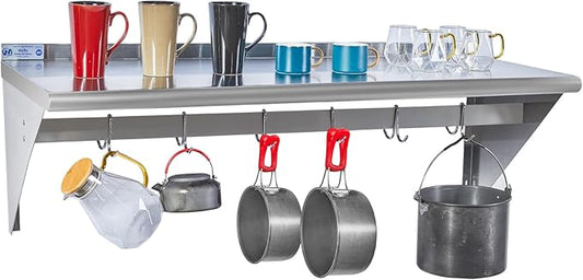 Hally Stainless Steel Shelf with 6 Hooks 18" x 48" Wall Mounted Pot Rack 400lb, NSF Commercial Floating Shelving for Storage Hanging Pots, Pans, cookware in Restaurant, Kitchen, Home and Hotel