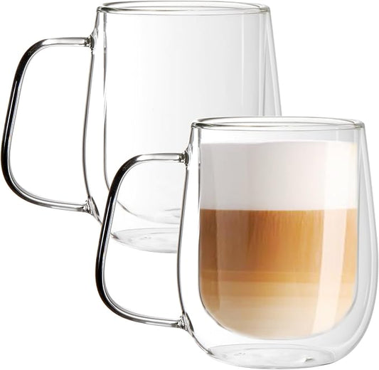 Youngever 2 Pack Glass Coffee Cups, Double Wall Thermo Insulated Coffee Cups, Glass Coffee Mugs with Handle (15 Ounce)
