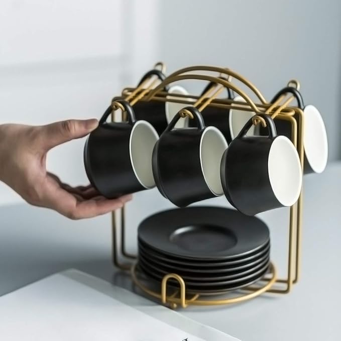 YHOSSEUN Ceramic Espresso Cups Set of 6, 4 Oz Expresso Shots Cup with Stand, Saucers & Spoons, Small Coffee Espresso Cup Demitasse Cups, Black