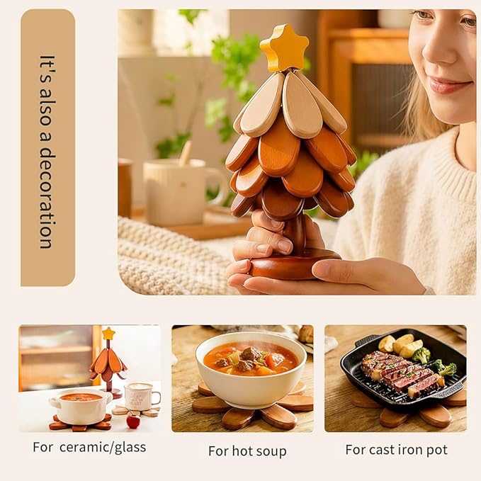 2 Toppers Wooden Tree Trivets Set of 4 for Hot Dishes, Wood Cup Coasters for Drinks, Hot Pads for Hot Pot/Hot Pan & Plate, Christmas Modern Kitchen Counter Decor, Cooking Accessories