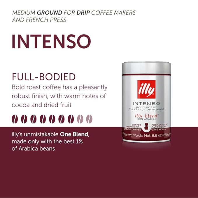 illy Ground Drip Coffee, Intenso Dark Roast, 100% Arabica, Premium Italian Coffee, Pre-Ground for Drip Brewers, 8.8oz, 6 Pack