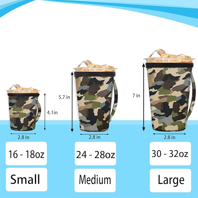 Army Camo Skin Reusable Insulator Coffee Sleeves for Drinks Beverages,Camouflage Neoprene Holder with Handle for Most Coffee or Ice Drink, 30-32oz