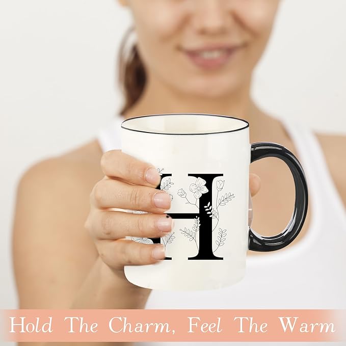 Monogram Ceramic Coffee Mugs, 11 oz Initial Drinking Cup with Gift Box, Unique Birthday Christmas Gifts for Women Wife Mothers Day Grandma Mom Aunt, H