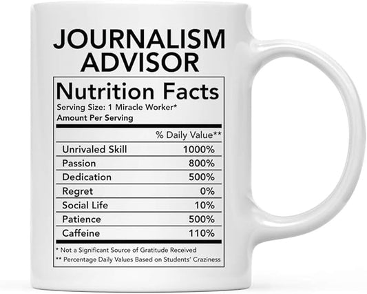 Andaz Press Funny 11oz. Ceramic Coffee Tea Mug Thank You Gift, Journalism Advisor Nutritional Facts, 1-Pack, Novelty Gag Birthday Christmas Gift Ideas Coworker
