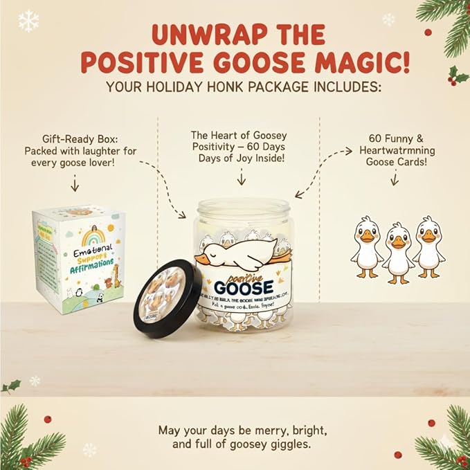 Positive Goose Jar with 60 Affirmation Cards, Emotional Support Goose Decor, Silly Desk Present for Goose Lovers, Mental Health Motivation Jar for Women and Teens, Funny Gag Gift Idea