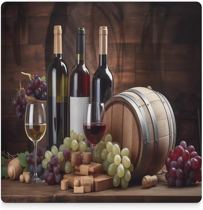 Red Wine Drink Coasters, Square Ceramic Drink Coaster Square-6PCS, Vintage Wood Style Red Wine Fruit Grapes Fruit Barware Decor Absorbent Ceramic Coasters for Beverage Cup, Bar, Coffee Table