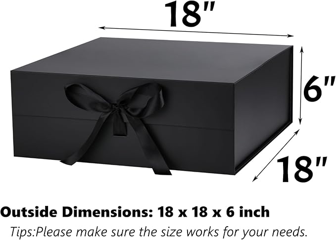 OEMVALATY Black Gift Box,18x18x6 Inches Gift Boxes with Lids for Presents with Magnetic Closure and Ribbon for Wedding,Storage,Birthday(3-Pack)