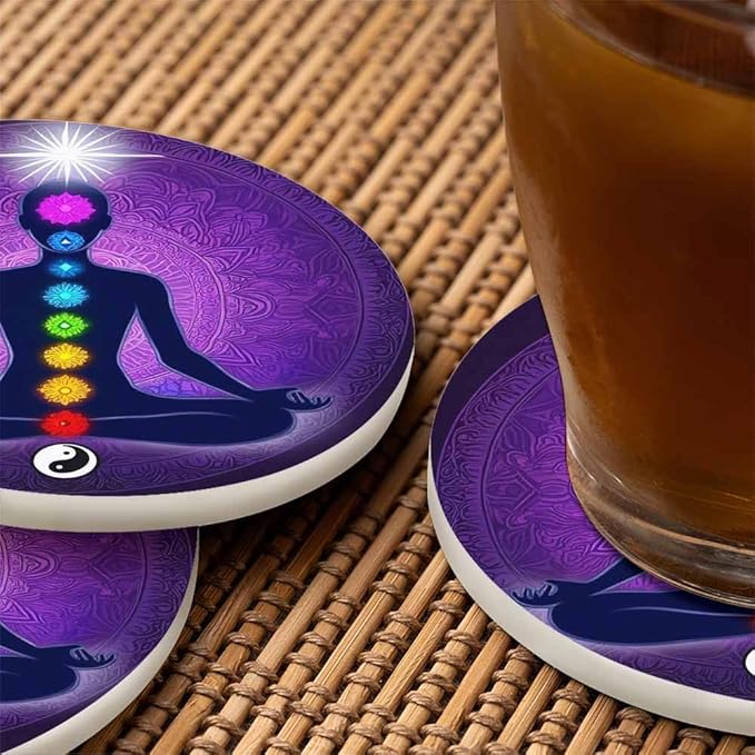 Meditating Woman in Lotus Pose Cup Coasters Set of 2 Aura Glow Spiritual Colorful 9 Chakras Mandala Wooden Table Apartment Decor 100% Diatomite for Drinking Glasses,4 Inches