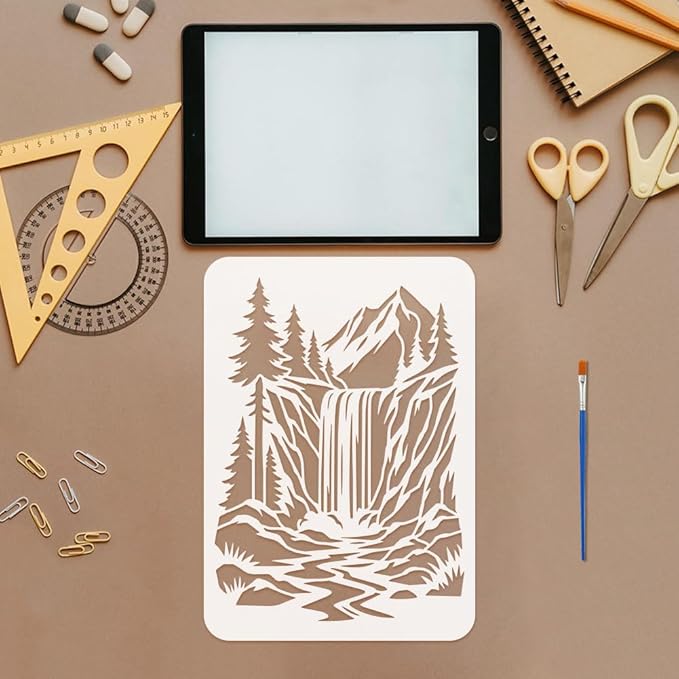 FINGERINSPIRE 4PCS Mountains Waterfalls Stencils with 1Pc Brush 8.3x11.7inch Mountain Landscape Stencils Waterfalls Nature Scenery Painting Template for Painting on Wood Wall Fabric Furniture