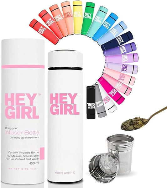 Hey Girl Tea Infuser Bottle 450ml - Insulated Stainless Steel Water Bottle - Tea Tumbler with Tea Diffuser - Portable Travel Mug for Loose Leaf Tea & Infused Water - Tea Lovers Gifts for Women