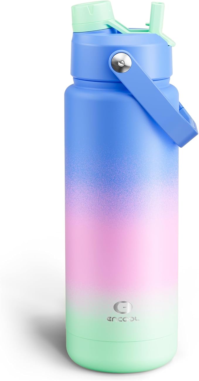 ENCOOL Insulated Water Bottle with Straw Stainless Steel Water Bottle, Leak-Proof, BPA-Free, Double Wall Vacuum Keeps Cold for 24 Hours for Sports, Travel, School (32 oz, Frosted Lilac)