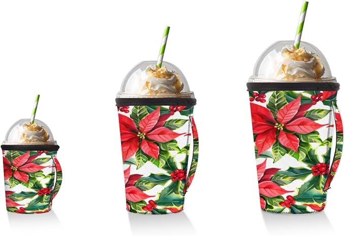 Red Poinsettia Flowers Xmas Reusable Coffee Sleeves Iced Coffee Cozy Insulator, Neoprene Holder with Handle for Cold Coffee or Ice Drink, Large 30-32oz