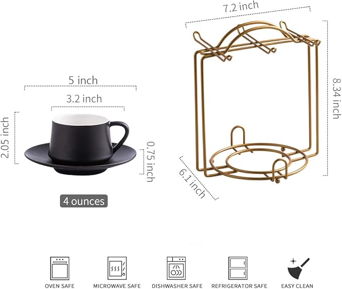 YHOSSEUN Ceramic Espresso Cups Set of 6, 4 Oz Expresso Shots Cup with Stand, Saucers & Spoons, Small Coffee Espresso Cup Demitasse Cups, Black