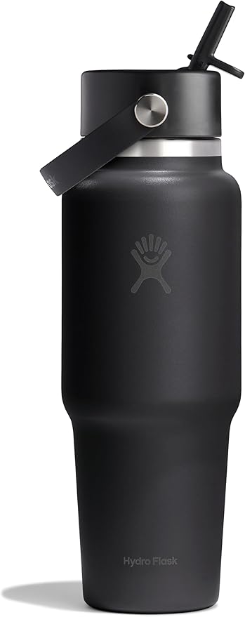 Hydro Flask Travel Water Bottle - Insulated Stainless Steel - Wide Straw Lid, Non Spill, Leakproof in 32 Oz Tonal Black