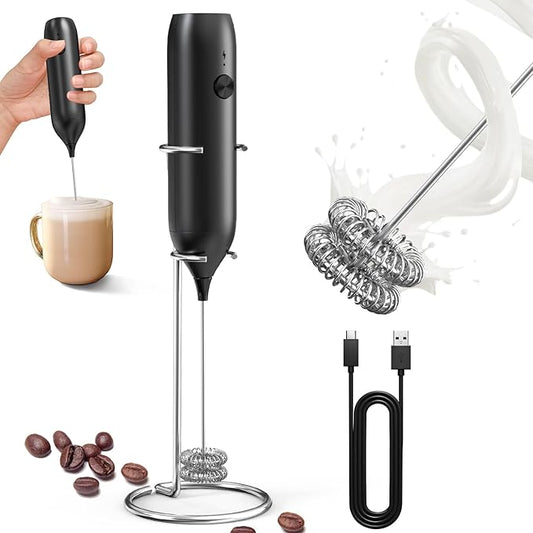 CIRCLE JOY Rechargeable Milk Frother Handheld with Stand, Double Coil Whisk Coffee Frother Wand Drink Mixer for Coffee, Cappuccino, Lattes, Frappe, Matcha and Hot Chocolate, Black