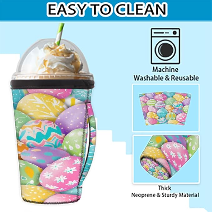 Easter Colorful Eggs Reusable Coffee Sleeves Iced Coffee Cozy Insulator, Neoprene Holder with Handle for Cold Coffee or Ice Drink, Small 16-18oz