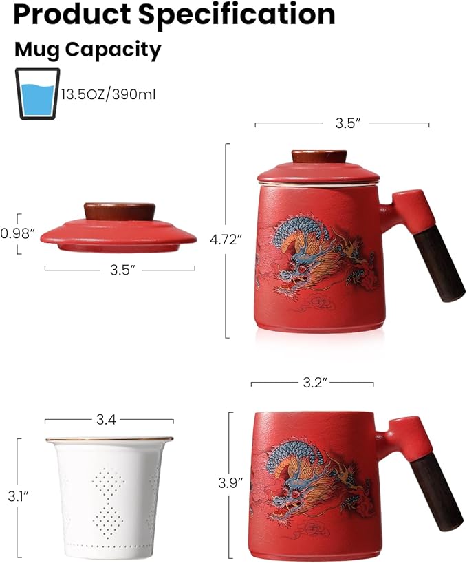 Porcelain Tea Cup with Infuser and Lid,Ceramic Tea Mug for Loose Leaf,Tea Strainer Cup with Wood Handle,Chinese Dragon Red Cup,All Ceramic Infuser,BPA-Free for Tea Lovers/Birthday/Valentine's Day