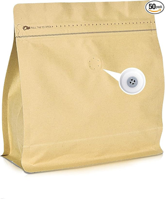 50 Count 8oz Coffee Bags with Valve,1/2 lb Vented Coffee Beans Packaging Bags High Barrier Aluminumed Foil Flat Bottom Heat Sealed Side Zipper Resealable Storage Bag for Home or Business（Kraft paper）
