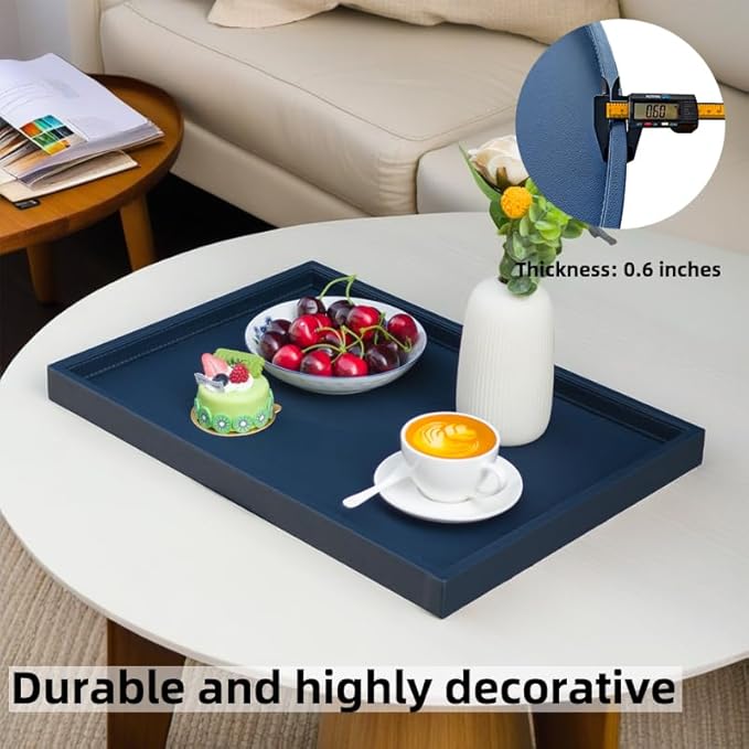 30 * 30 Inch Rectangular Ottoman Tray | Textured PU Leather, Waterproof & Heat-Resistant Storage for Coffee/Dining Tables, Sofa, Bed, Entertainment & Party (Navy Blue, 30 * 30in)